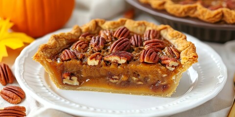 Poster - Delicious homemade pumpkin pecan pie with a golden brown crust that showcases the delightful blend of pumpkin and pecan flavors in every bite.