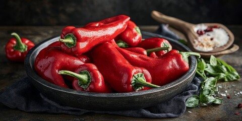 Poster - Vibrant red peppers create a stunning backdrop that highlights the beauty of healthy food in a delicious and appealing way, showcasing red pepper s versatility in nutritious meals.