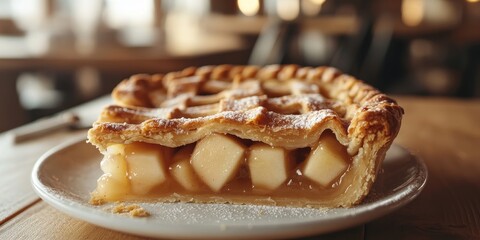 Poster - A detailed close up perspective of a mouthwatering apple pie, highlighting its delectable crust and tempting filling, reveals its deliciousness and appeal.