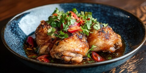 Poster - Steamed chicken presented in traditional cuisine style, served in a blue bowl. This steamed chicken dish showcases authentic flavors, perfect for highlighting traditional culinary techniques.