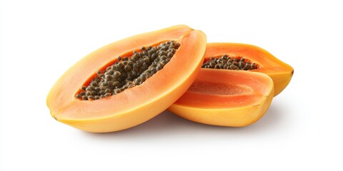 Poster - Isolated ripe papaya on a white background showcases the vibrant color and texture, highlighting the freshness of ripe papaya for culinary or health related purposes.