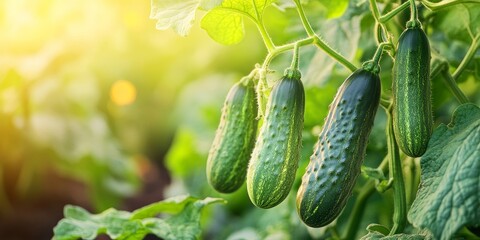 Poster - Cucumbers thrive in the field during harvest time, showcasing vibrant growth. Spraying the cucumbers field just two days prior to harvest enhances quality, ensuring a bountiful cucumbers yield.