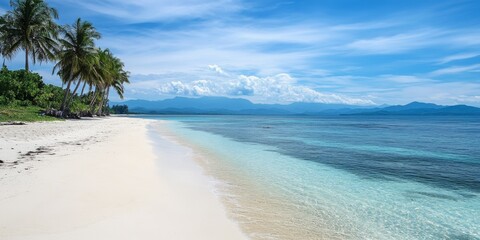 Poster - Stunning white sand beach showcasing the beauty of a tranquil coastline. The beautiful white sand beach invites relaxation and enjoyment under the sun, perfect for beachgoers seeking serene getaways.