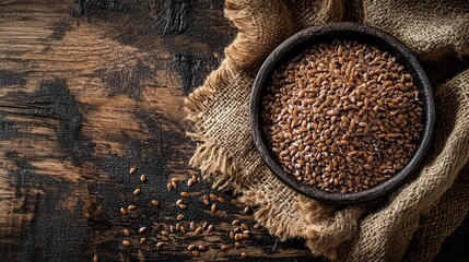 Aufkleber - A flatlay of whole fresh brown flaxseeds displayed in an antique iron bowl on a rustic brown wooden surface, showcasing the natural textures and colors of brown flaxseeds in an inviting composition.