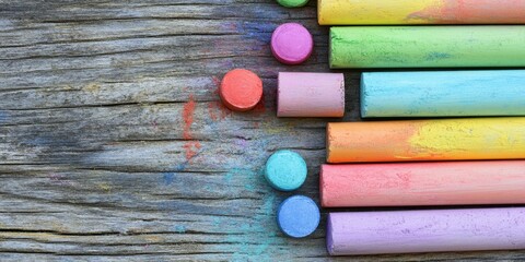 Aufkleber - Colorful chalks arranged on a wooden surface create a vibrant visual display. The assortment of chalks showcases a variety of colors, ideal for creative projects and artistic expression.