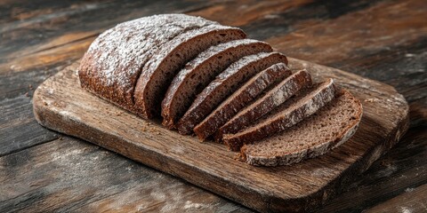 Poster - Fresh slices of rye bread made with flour displayed on a wooden table create a rustic atmosphere. Rye bread promotes healthy eating and enhances any food background with its wholesome appeal.