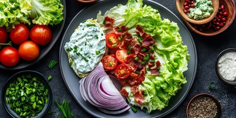 Poster - Fresh classic wedge iceberg lettuce salad features blue cheese dressing, bacon, tomatoes, and onions, garnished with chives, beautifully arranged on gray plates with additional ingredients alongside.