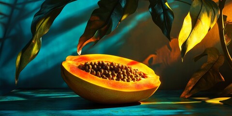Aufkleber - Evening light illuminating a papaya, showcasing the vibrant colors and unique texture of papaya in a serene setting. The light enhances the beauty of the papaya in the evening ambiance.