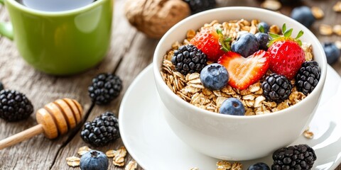 Aufkleber - Nutritious and wholesome breakfast featuring muesli, oatmeal, and granola topped with fresh berries such as blackberries, blueberries, and strawberries, complemented by honey, milk, and green tea on a