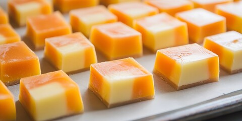 Poster - Scoring candy corn fudge with a parchment paper template allows for precise cutting into small candy corn fudge pieces, ensuring an even and attractive presentation of the candy corn fudge.
