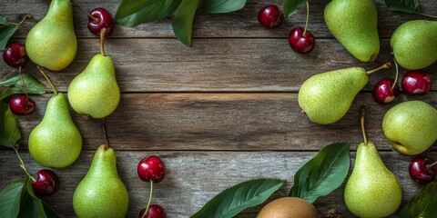 Poster - Green pears and cherries create a beautiful flat lay on a wooden background, showcasing the vibrant colors of green pears and cherries with ample copy space for design purposes.