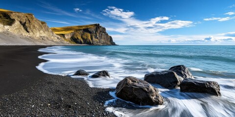 Poster - The shoreline features a black coastline characterized by rocky formations situated close to the sandy beach. The contrast of the black coastline and the beach is striking.