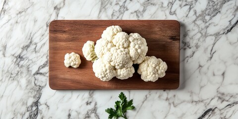 Poster - Fresh cauliflower placed on a cutting board, showcasing the vibrant texture and color of the cauliflower, perfect for culinary uses and healthy recipes featuring cauliflower.