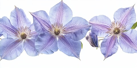 Poster - A detailed close up of clematis flowers, showcasing their intricate beauty and texture, isolated against a white background for clarity and focus on the stunning clematis features.
