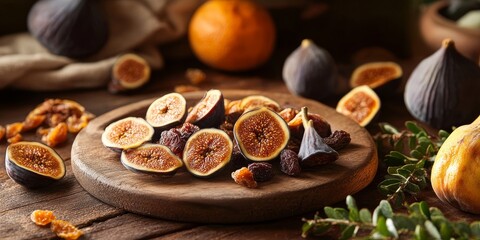 Poster - Dried figs and fresh fruit beautifully arranged on a wooden table create a delightful presentation. The combination of dried figs and fresh fruit enhances the rustic charm of the setting.