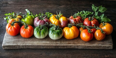 Poster - A vertical image showcasing vibrant heirloom tomatoes arranged on a rustic wooden board, highlighting the beauty and colors of heirloom tomatoes in a natural setting.
