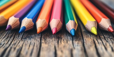 Aufkleber - Colorful pencils arranged on a wooden surface create an engaging macro shot. This image showcases the vibrant color pencils in a horizontal view with selective focus on their texture.