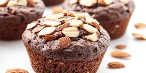 Poster - Selective focus on a delicious chocolate muffin topped with almond slices, showcasing the rich texture and inviting appearance of the chocolate muffin against a clean white background.