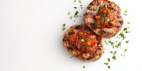 Poster - Two delicious cutlets topped with savory grilled tomato sauce, beautifully presented on a clean white background, showcasing the enticing appeal of these cutlets in an appetizing setting.