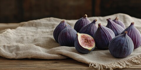 Poster - Vibrant purple ripe figs placed beautifully on a rustic wooden table create an inviting scene, showcasing the natural appeal and freshness of purple ripe figs in a delightful setting.