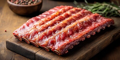 Aufkleber - Raw ribs displayed on a wooden table, showcasing the rich texture and color of raw ribs, perfect for culinary projects that highlight raw ribs preparation or presentation.