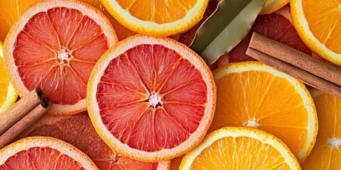 Poster - Vibrant orange and red citrus circle slices garnished with cinnamon create a stunning visual. These citrus slices bring a delightful burst of color and flavor, perfect for culinary inspiration.