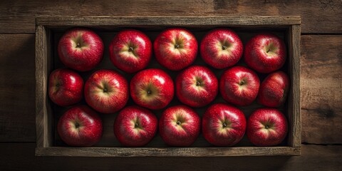 Poster - Fresh red apples arranged in a wooden box on a wooden table create an appealing flat lay composition, showcasing the vibrant color and texture of the fresh red apples.