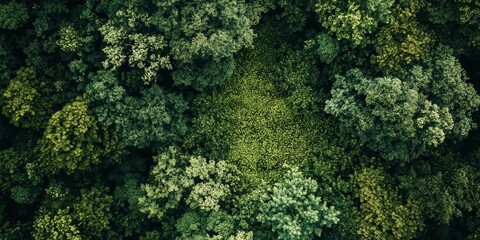 Aufkleber - Looking down onto a woodland, one can see the forest floor blanketed in moss, creating a lush green carpet throughout the area.