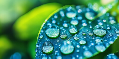 Aufkleber - A detailed view of blue water droplets glistening against a backdrop of vibrant green nature. These blue droplets create a striking contrast with the lush green scenery.
