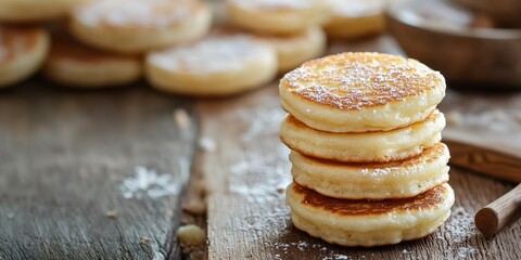 Poster - Close up view of a delightful stack of mini pancakes served on a rustic wooden table, showcasing the enticing layers of mini pancakes perfect for breakfast or brunch.