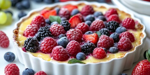Aufkleber - Delicious fruit pudding clafoutis featuring an array of berries, strawberry, raspberry, blueberry, and blackberry. Experience the delightful flavors in this berry infused clafoutis dessert.
