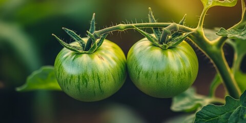 Poster - Two green tomatoes on the vine are in the process of ripening, showcasing the beauty of bio food and eco friendly farming practices. These green tomatoes highlight sustainable agriculture.