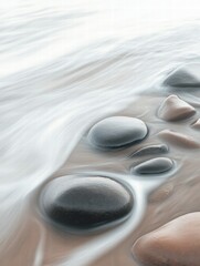 Poster - Close up view of smooth beach pebbles gently washed by soft rolling waves during a serene coastal moment. Generative AI