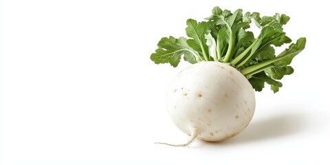 Poster - Fresh white round Daikon radish displayed on a clean white background, highlighting the vibrant texture and color of the Daikon radish for an appealing visual presentation.