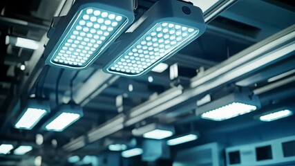 Aufkleber - a view of various energyefficient led lights installed above an assembly line illuminating workstati
