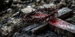 © meristock - Easter banner celebrating the Crucifixion featuring a close up of a wooden cross set on rugged ground, accompanied by a crown of thorns stained with blood, symbolizing the essence of Easter.