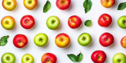 Poster - Vibrant healthy fruits background featuring a variety of apples on a clean white backdrop. This apple background showcases high resolution imagery perfect for highlighting apples in any layout.