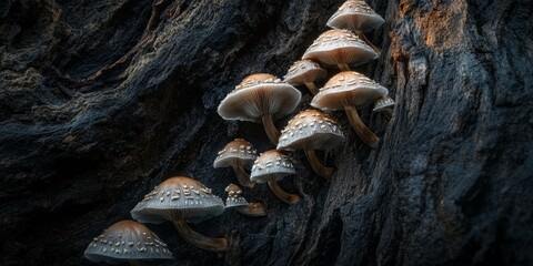 Aufkleber - Mushrooms thriving on a dark tree trunk, showcasing the unique appearance and relationship between mushrooms and their environment on the textured surface of the trunk.