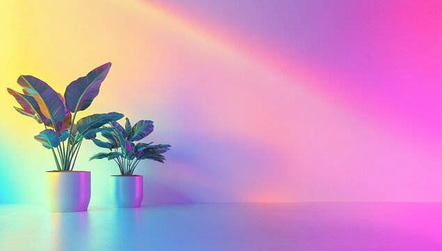 A bright and colorful background with a gradient of rainbow colors, featuring two potted plants