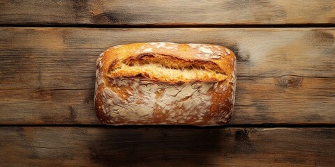 Poster - Rustic wooden table showcasing a loaf of bread, highlighting the texture and appearance of the bread from a top view. Perfect for illustrating the charm of fresh, homemade bread.