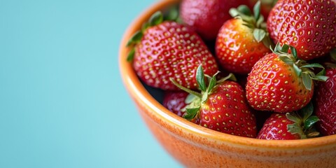 Poster - Closeup of vibrant fresh strawberries displayed in an orange bowl, beautifully contrasting against a light blue background, highlighting the freshness of these strawberries in detail.