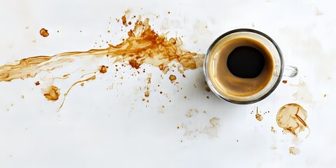 Poster - A puddle of coffee creates an intriguing pattern on a white surface, while a small glass espresso cup sits atop the coffee stains, adding to the charming coffee scene.