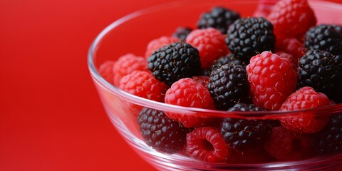 Poster - Close up view of a glass bowl filled with vibrant red and black raspberries, showcasing the rich colors and textures of these delicious raspberries against a striking red background.