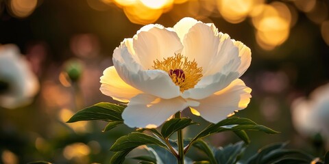 Poster - Tree like peony showcasing a tree shaped white peony in a home garden, with petals close up at sunset and a naturally blurred background, ideal for design and texture in nature.