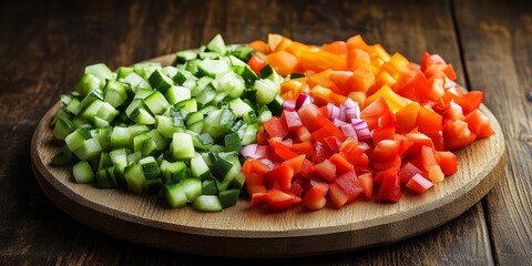 Poster - Chopped vegetable arrangement on a wooden plate for cooking, showcasing a variety of colorful chopped vegetables perfect for culinary preparations and recipes.