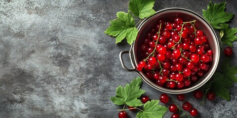 Poster - Ripe red currants displayed in a colander alongside fresh leaves on a textured grey table. This image of ripe red currants offers ample space for your text.