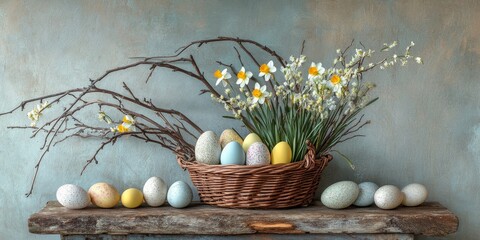 Poster - Colorful Easter basket filled with Easter eggs, delicate narcissus flowers, and soft catkins, beautifully arranged on a rustic, weathered wooden board for a festive spring display.