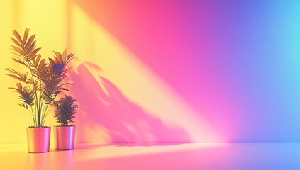 Poster - A bright and colorful background with a gradient of rainbow colors, featuring two potted plants