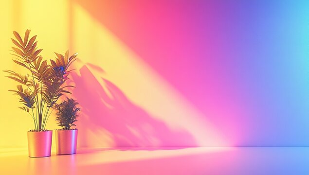 A bright and colorful background with a gradient of rainbow colors, featuring two potted plants