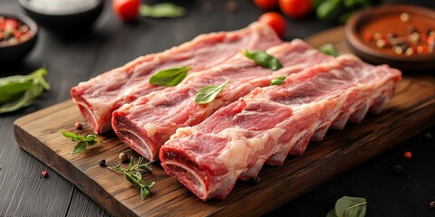 Aufkleber - Raw lamb ribs ready for cooking on a board, showcasing the fresh, tender meat perfect for your culinary creations. Enjoy the rich flavors of raw lamb ribs in your next meal.